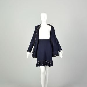 Medium 2000s Navy Blue Knit Skirt Suit Set Gold Grommets Pleated - Fashionconservatory.com