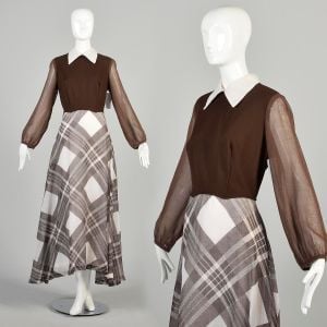 Large 1970s Brown & White Maxi Dress Sheer Long Sleeves Wing Collar