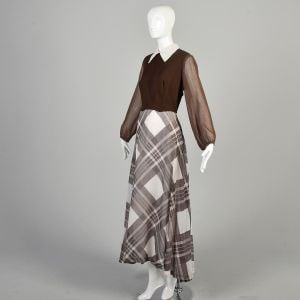 Large 1970s Brown & White Maxi Dress Sheer Long Sleeves Wing Collar - Fashionconservatory.com