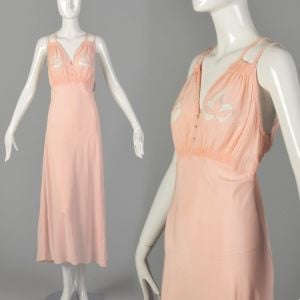 Large 1930s Pink Rayon Nightgown Novelty Boudoir Adam & Eve Fig Leaf Fetish Lingerie