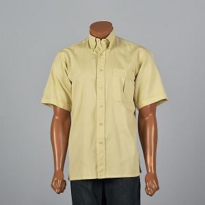 Large 1980s Mens Gold Shirt Short Sleeve Cuffs Square Bottom Button Up