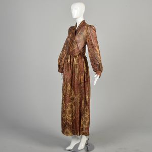 Medium 1970s Gold Lurex Paisley Maxi Wrap Dressing Gown Dress Metallic Funky Duster - Fashionconservatory.com