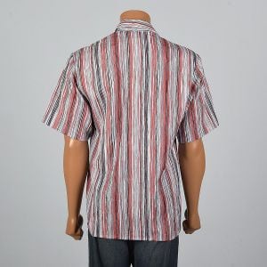 Medium 1980s Mens Crinkle Texture Stripe Shirt Short Sleeve Square Cut Red Black Button Down - Fashionconservatory.com