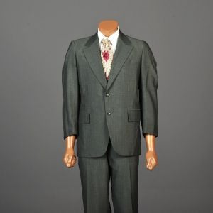 40S 38X28 Medium 1970s Mens Suit Two Piece Green Sharkskin Blazer Jacket Flat Front Pants
