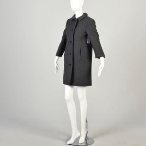 XS 1960s Charcoal Gray Wool Winter Car Coat with Rhinestone Buttons - Fashionconservatory.com