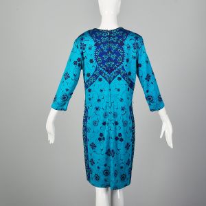 Large Blue Dress 1970s Floral Printed Bohemian Teal Classic Shift Dress - Fashionconservatory.com