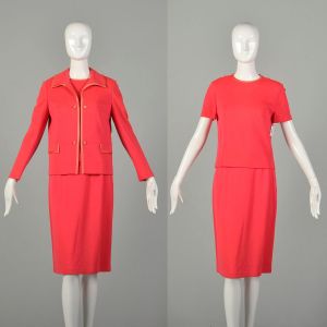 XS 1960s Three Piece Knit Skirt Suit Bold Bright Dayglo Top Cardigan Jacket Skirt Outfit