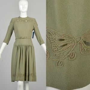 Small 1930s Muted Sage Green Wool Day Dress Embroidered Cut Out Floral