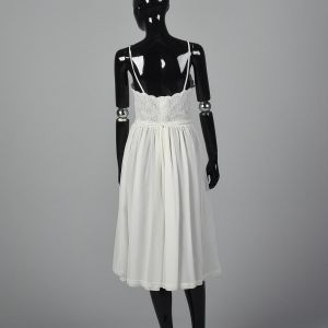 XXS 1950s Anne Fogarty Nightgown White Nylon Blue Trim Semi Sheer Lace Chiffon Drawstring Waist - Fashionconservatory.com