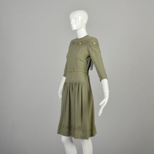 Small 1930s Muted Sage Green Wool Day Dress Embroidered Cut Out Floral - Fashionconservatory.com
