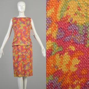 Small 1960s Rainbow Sherbet Skirt Suit Set Sleeveless Bright Colorful Outfit