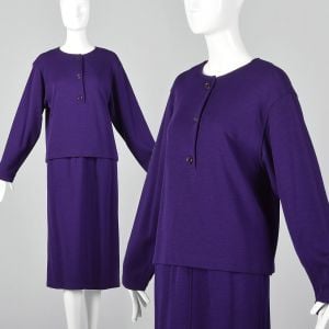 Small 1970s Oscar de la Renta Purple Knit Outfit Long Sleeve Tunic Top Skirt Set 