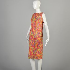 Small 1960s Rainbow Sherbet Skirt Suit Set Sleeveless Bright Colorful Outfit - Fashionconservatory.com