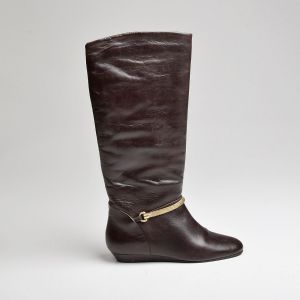 Size 6 1990s Migliorini Brown Leather Boots Knee High Equestrian-Look Pull On Boot Gold Tone Strap - Fashionconservatory.com