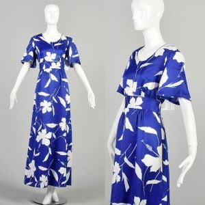 Large 1970s Floral Blue White Dress Tropical Hawaiian Short Sleeve Scoop Neck Fitted Waist Maxi 