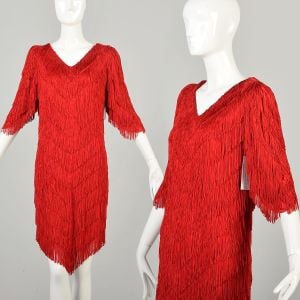 1980s Medium Red Fringe Party Dolly Parton Dress