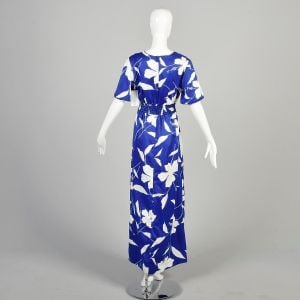 Large 1970s Floral Blue White Dress Tropical Hawaiian Short Sleeve Scoop Neck Fitted Waist Maxi  - Fashionconservatory.com
