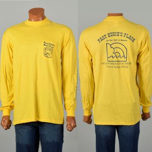 Large 1980s Yellow Shirt Long Sleeve Crew Neck Fast Eddies Novelty Florida Print Jersey Knit Cotton 
