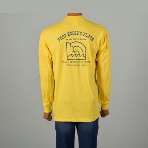 Large 1980s Yellow Shirt Long Sleeve Crew Neck Fast Eddies Novelty Florida Print Jersey Knit Cotton  - Fashionconservatory.com