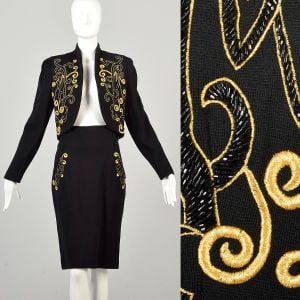 Medium 1980s Beaded Gold Embroidered Two Piece Knit Skirt Set Suit