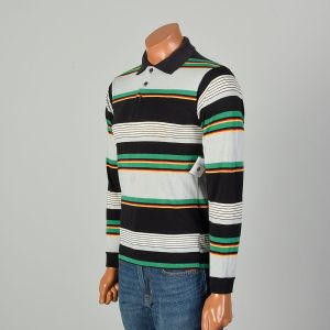 Large 1980s Striped Jersey Knit Shirt White Green Black Button Polo Long Sleeve Pullover - Fashionconservatory.com