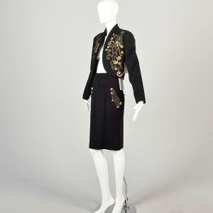 Medium 1980s Beaded Gold Embroidered Two Piece Knit Skirt Set Suit - Fashionconservatory.com