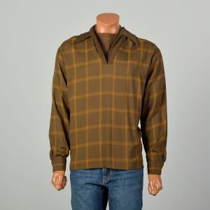 XL 1970s Brown Plaid Sweater Mock Turtleneck Collar Gold Stripe Earthtone Wing Collar 