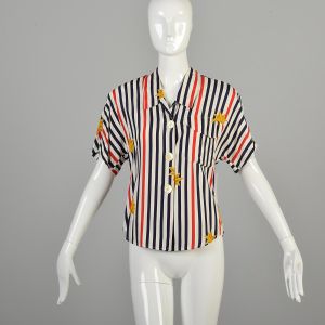 Medium 1980s Nautical Star Striped Buttoned Shirt Blouse Top