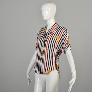 Medium 1980s Nautical Star Striped Buttoned Shirt Blouse Top - Fashionconservatory.com
