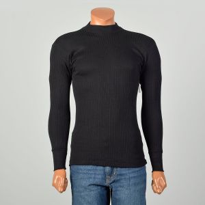 XXS 1960s Black Rib Knit Sweater Mock Turtleneck Lightweight Cotton Pullover Deadstock 