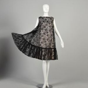 L-XXXL 1960s Black Lace Overlay Swing Dress Sleeveless Ruffle Hem A-Line Knee Length Dress  - Fashionconservatory.com
