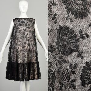 L-XXXL 1960s Black Lace Overlay Swing Dress Sleeveless Ruffle Hem A-Line Knee Length Dress 