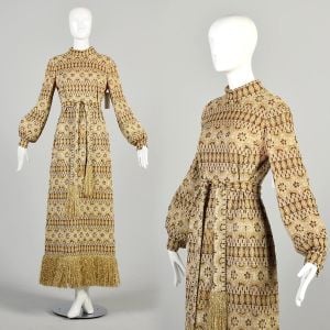 1970s Medium Gold Lurex Bishop Sleeve Fringe Trimmed Maxi Dress 
