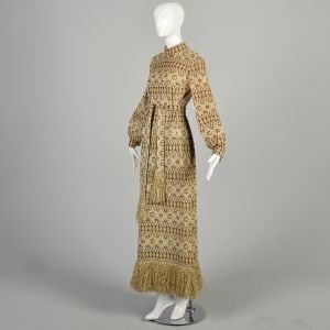 1970s Medium Gold Lurex Bishop Sleeve Fringe Trimmed Maxi Dress  - Fashionconservatory.com