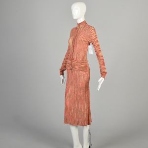 Medium 1970s Funky Skirt Set Knit Textured Ombre Cardigan Outfit Buttoned Midi Skirt Set - Fashionconservatory.com