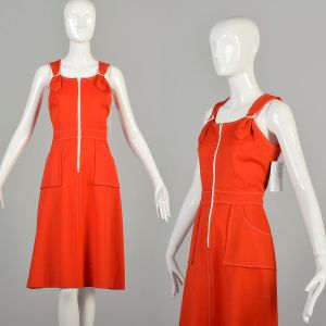 Medium 1970s Bright Orange Red Jumper Dress White Fleck Front Zip Patch Pockets Casual Mod Dress