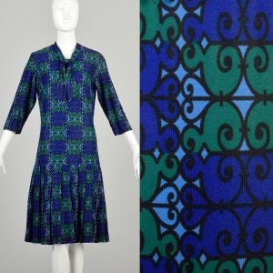 Large 1960s Blue Green Dress Geometric Swirl Bow Collar Elbow Sleeve Drop Waist Pleated Skirt 