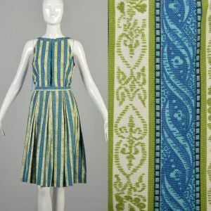 Large 1950s Blue Green Stripe Set Sleeveless Strap Top Knee Length Pleated Skirt Outfit Ensemble 