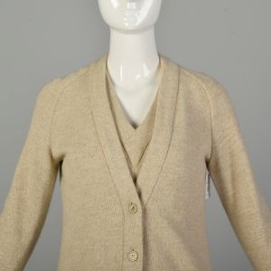 M | Neutral Tone Autumn 1970s Knit Dress Sweater Cardigan Set by Stanley Korshak - Fashionconservatory.com