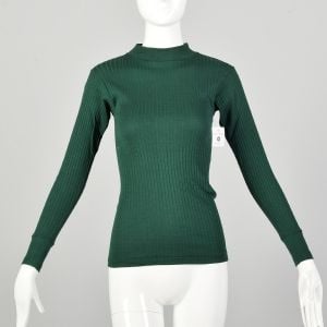 XS 1960s Shirt Forest Green Mock Turtleneck Ribbed Knit Long Sleeve