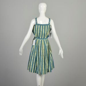 Large 1950s Blue Green Stripe Set Sleeveless Strap Top Knee Length Pleated Skirt Outfit Ensemble  - Fashionconservatory.com