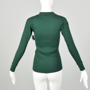 XS 1960s Shirt Forest Green Mock Turtleneck Ribbed Knit Long Sleeve - Fashionconservatory.com