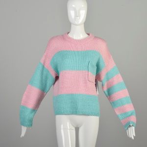 L 1980s Blue Pink Silver Metallic Fleck Sweater Long Sleeve Dropped Shoulder Pullover Gitano 