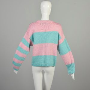 L 1980s Blue Pink Silver Metallic Fleck Sweater Long Sleeve Dropped Shoulder Pullover Gitano  - Fashionconservatory.com