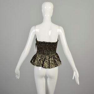 XXS 1980s Black Gold Metallic Top Textured Strapless Sweetheart Neckline Ruffle Peplum Hem  - Fashionconservatory.com