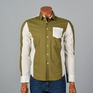 Comme des Garcons 2000s Mens Olive Green Shirt White Color Block Cotton Button Down