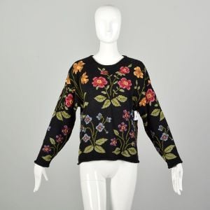 Small 1990s Botanical Novelty Sweater Knit Floral Boatneck