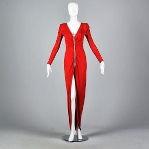 S | 1990s Valentino Curve Hugging Formal Gown Evening Dress w/Arrow Detail and Deep V Neckline