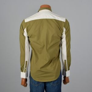 Comme des Garcons 2000s Mens Olive Green Shirt White Color Block Cotton Button Down - Fashionconservatory.com