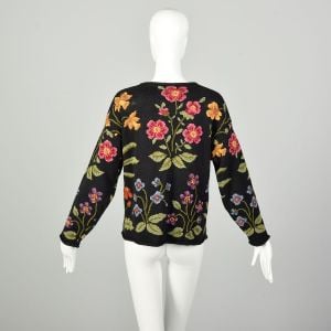 Small 1990s Botanical Novelty Sweater Knit Floral Boatneck - Fashionconservatory.com